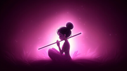 Serene illustration of woman playing flute, glowing pink light, peaceful night, enchanting mood