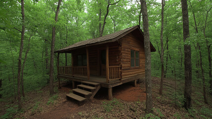 Secluded wooden cabin surrounded by lush green forest, peaceful rustic retreat, summer nature