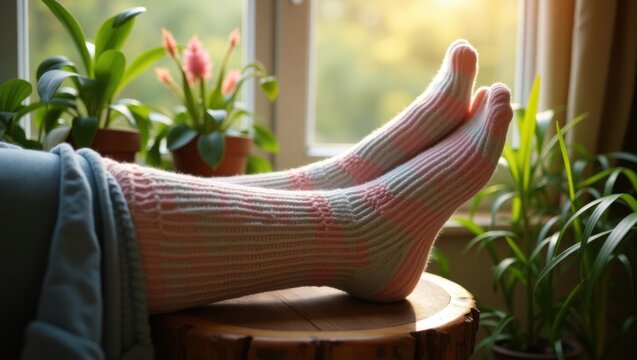 Pies con calcetines de lana tejidos apoyados en un taburete de madera, rodeados de plantas de interior y rayos de sol de la tarde