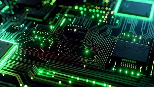 Close up of a computer motherboard with glowing green circuits and processor, depicting technology and future trends