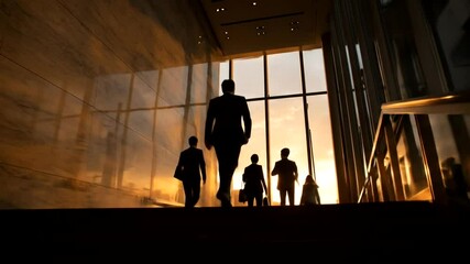 Business people walking up stairs at sunset