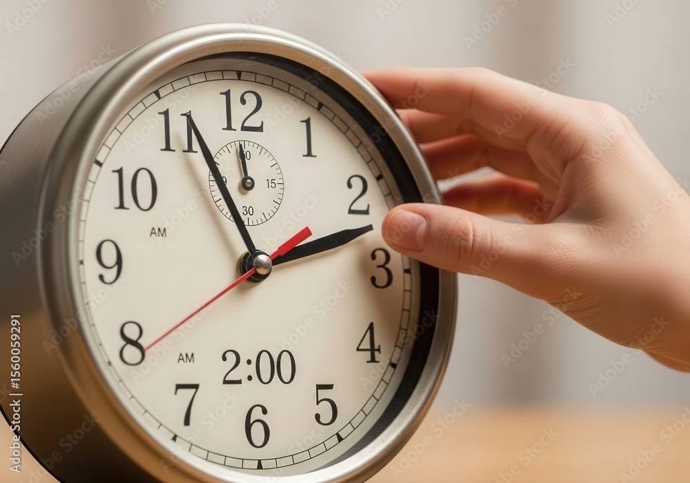 Poster close-up of hand turning back vintage clock for daylight saving time change
