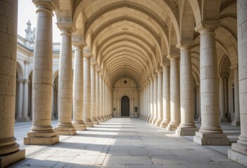 Naklejka premium Columnas de piedra que bordean un patio clásico, una suave luz natural filtrándose a través de ellas, arcos repetitivos que retroceden en perfecta simetría