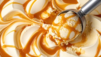 Creamy vanilla ice cream topped with rich caramel sauce, served with a scooping tool, creating a delicious dessert experience