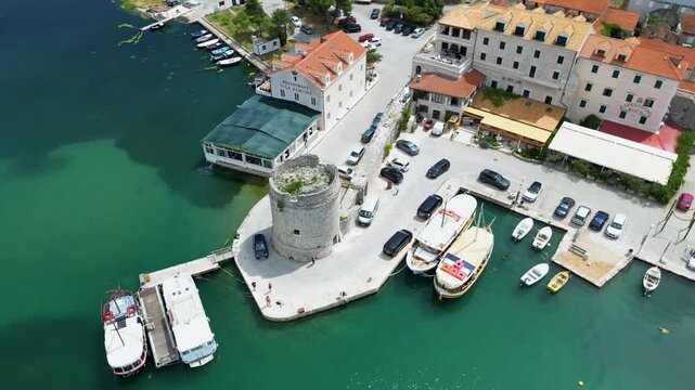 Aerial view of Mali Ston tower and harbor, Croatia.