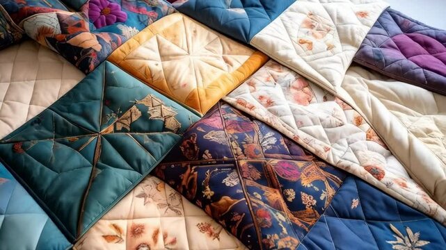 Detailed patchwork quilt composed of floral, diamond, and geometric patterns in a variety of colors creating a warm aesthetic.