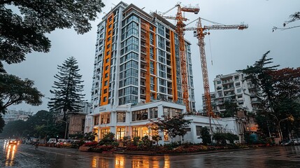 Low-angle view of a modern high-rise building under construction surrounded by multiple tower cranes against a cloudy sky --chaos 100  