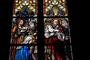Sint Laurentiuskerk Church Stained Glass Window Detail with Nativity Scene in Alkmaar, Netherlands