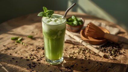 A tall, slender clear glass filled with a vibrant, layered iced matcha latte rests on a rustic weathered oak table