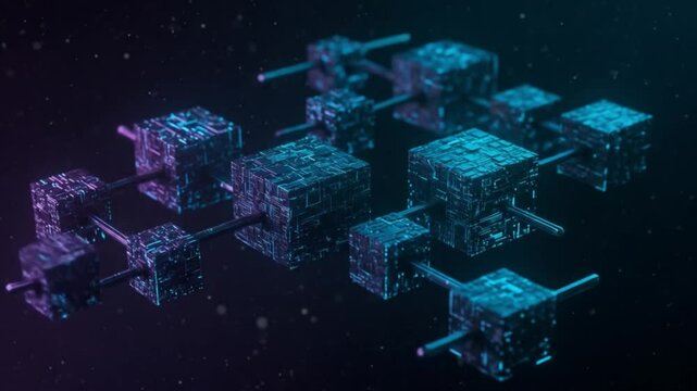 A network of connected cubes floating in dark space with glowing lines connecting them all together
