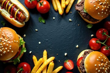 Overhead shot of summer BBQ buffet; hot dogs, hamburgers, buns Dark slate background , hamburger, vacation, overhead