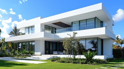 Fototapeta premium Elegant Modern House Surrounded by Green Landscape