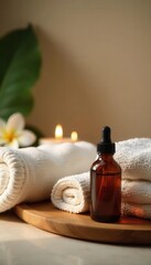 Relaxing spa scene with essential oils and towels, organic, clean, beauty