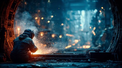 Manual metalwork with sparks flying as a laborer welds on-site inside a steel-framed structure --chaos 100 