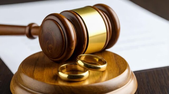 Gavel and two gold wedding rings resting on wooden stand, legal document in background depicting concepts of divorce law and separation.