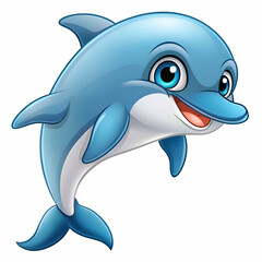 Obraz premium Cartoon dolphin in mid-air jump against white background. Cute. joyful expression and vibrant colors. Educational resource for kids' learning materials. Animated kids book -