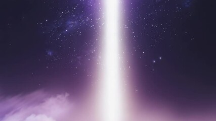 Emerging white-violet beam rising from purple cloud bank into dark starfield, cosmic phenomenon - Powered by Adobe