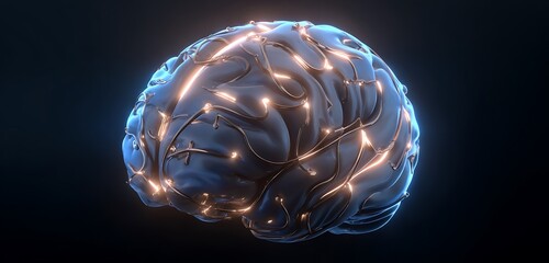A digital rendering of a human brain with glowing connections on a dark background in a studio shot