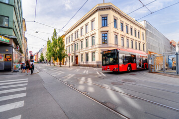 Obraz premium Bus on the street in Oslo, Norway. Life in a Scandinavian city.