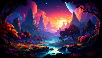 Vibrant Fantasy Landscape: Sunset over Majestic Mountains and Serene River