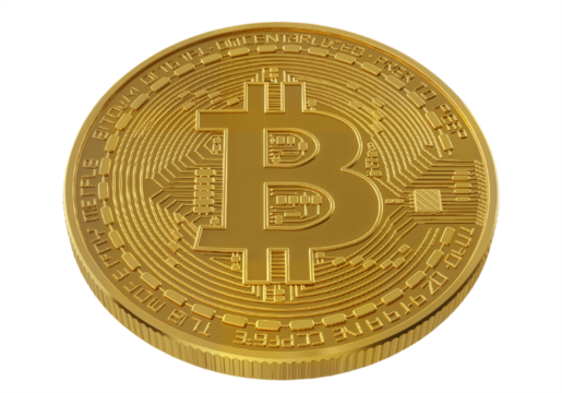 Gold Bitcoin Coin with Black Symbol and Engravings Against White Background, Radiating Value, Innovation, and Cryptocurrency Focus