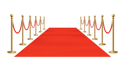 Red carpet golden barriers. Exclusive event. Red carpet, red ropes and golden stanchions. Movie premiere, gala, ceremony, award concept