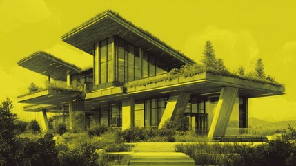 Fototapeta premium A realistic high-quality stock photo representing 'sustainability building', styled with yellows tones, evoking a sense of authoritative, designed to appeal to game developers. The composition should 