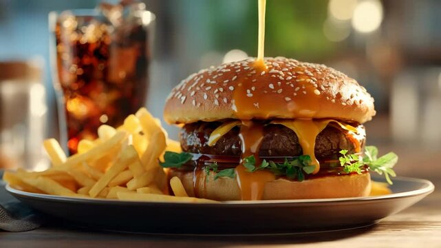 Juicy BBQ Burger and Fries with Soda on Table.mp4 is a high-resolution animated visual ideal for cinematic scenes, AI concepts, spiritual storytelling, or travel content creation.
