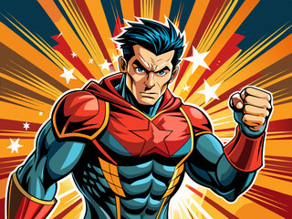 Pop art comic book style super hero punching with male superhero costume poster design	