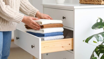Woman Folding Laundry In A White Drawer