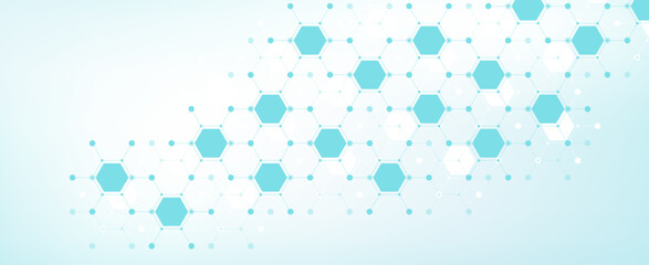 Modern health care or medical background design. Health care innovation concept. Horizontal header web banner. Abstract geometric background with hexagon shapes for medicine, science, chemistry.