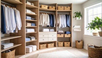 Organized Modern Closet With Light Wood Shelving