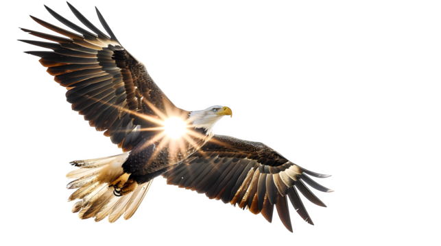 Vigilant Eagle Soaring Past Light Beam with Watchful Expression Isolated to Transparent Background