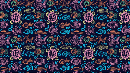 Colorful underwater pattern with turtles fish and bubbles in a playful childlike style design look 100 character
