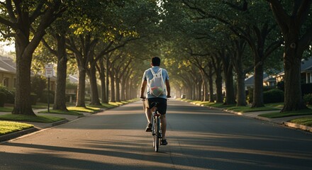 Fototapeta premium Serene Cycling Man Riding Bike Down Tree-Lined Street