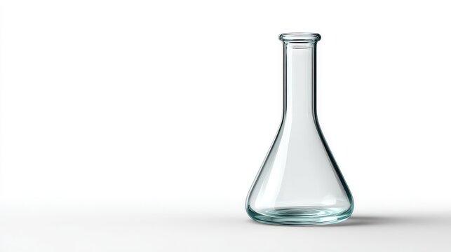One empty volumetric flask positioned upright on a white background with shadows and space