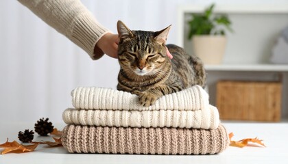 Cat Resting On Knitted Blankets Fall Decor