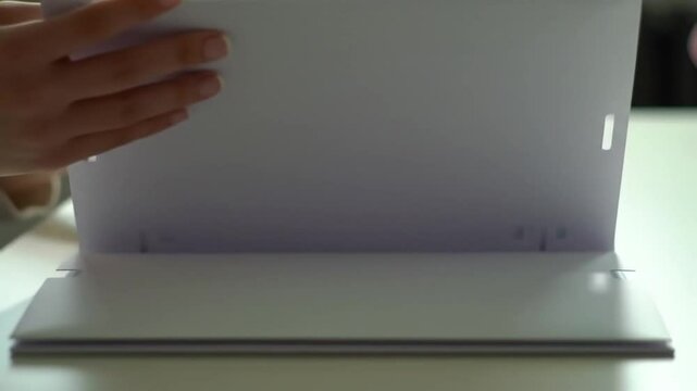 Hands Gently Resting on White Paper Documents, Desk Surface