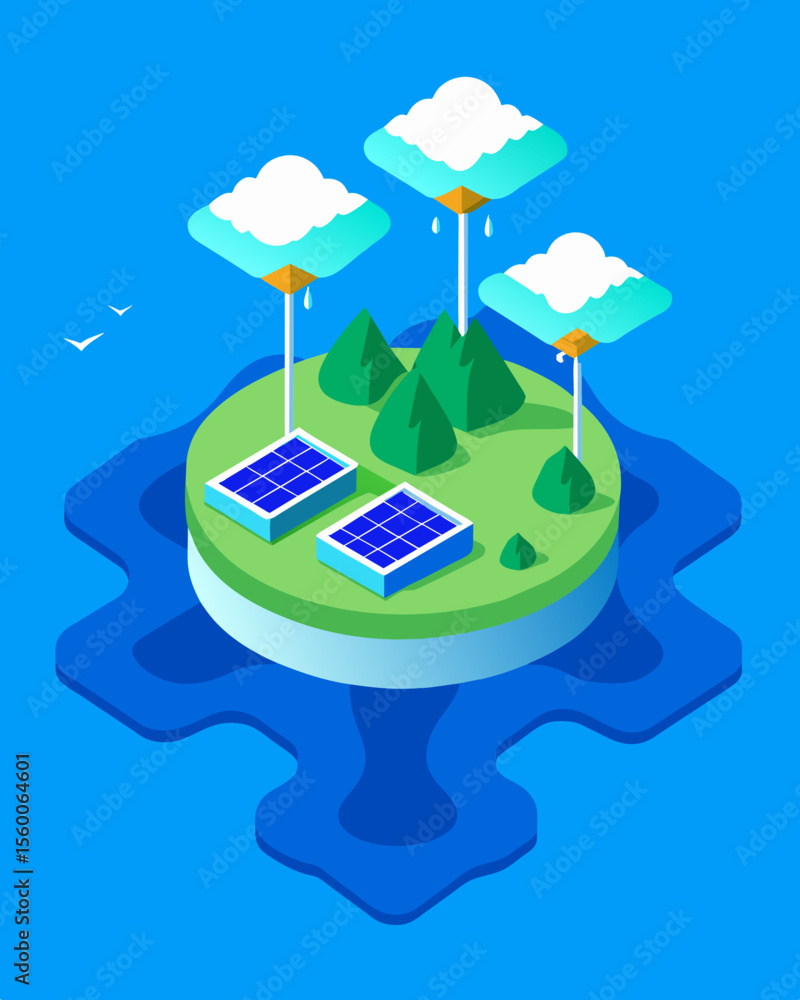 Poster a shimmering blue lagoon with a network of floating solar arrays providing electricity for a remote 
