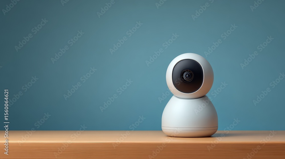 Poster one modern smart home camera placed on a shelf, sleek design with ample blank background
