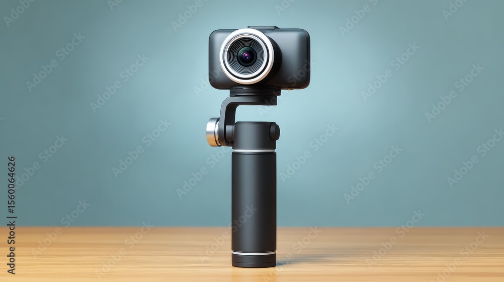 Poster one modern smartphone gimbal stabilizer standing on a table, isolated with soft shadows and space