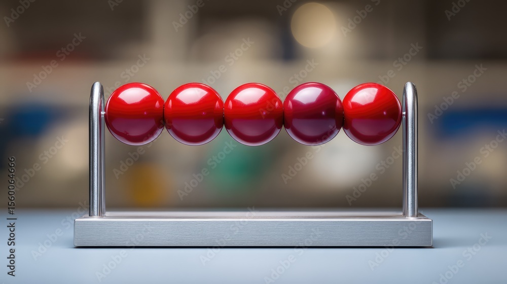 Poster one newton's cradle demonstrating physics principles on a lab desk with space