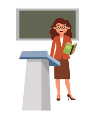 Female teacher standing on podium in classroom attracting students attention with textbook in hands. Vector illustration in flat style.