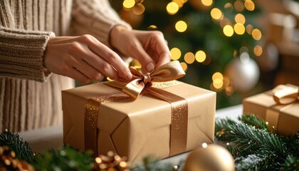 Hands Wrapping Christmas Gift With Gold Ribbon