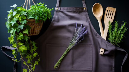 A flat lay product photography composition on a black background featuring a dark gray canvas apron with a front pocket in the center
