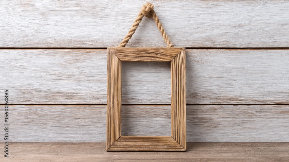 Poster one photo frame with rope hanger centered on a whitewashed wooden background
