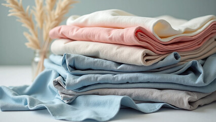 Close-up of colorful cotton fabric stack in calming tones for textile presentation.