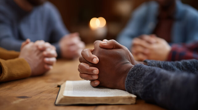 Christian group praying around wooden table with Bible