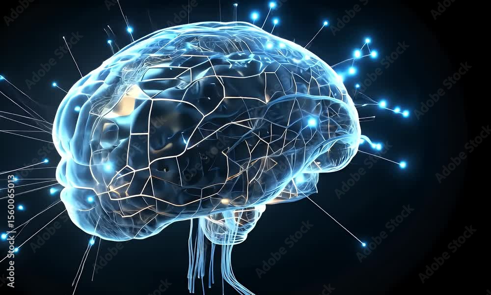 Poster digital brain illuminated with glowing nodes