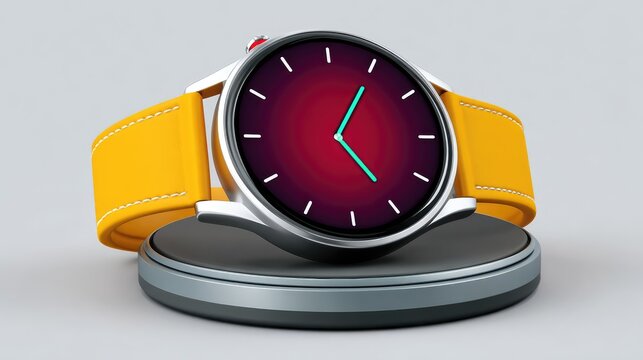 One smartwatch charging on a sleek wireless pad, isolated tech device with blank background
